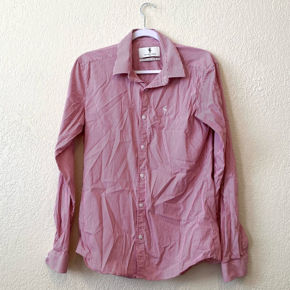 FATHER SONS Stretch Slim Red Striped Button Up Shirt